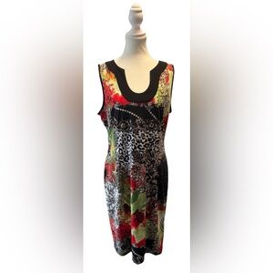 JOSEPH RIBKOFF Bold Floral Animal Print Sleeveless Midi Dress 14 Artsy Stretch